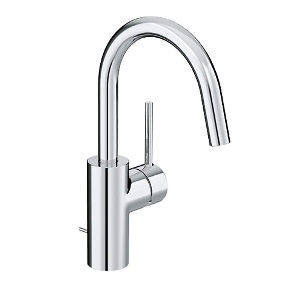 Chromfarbener Wasserhahn mit hohem, gebogenem Auslauf und seitlicher Bedienung. Der Wasserhahn stammt von der Marke Kludi.